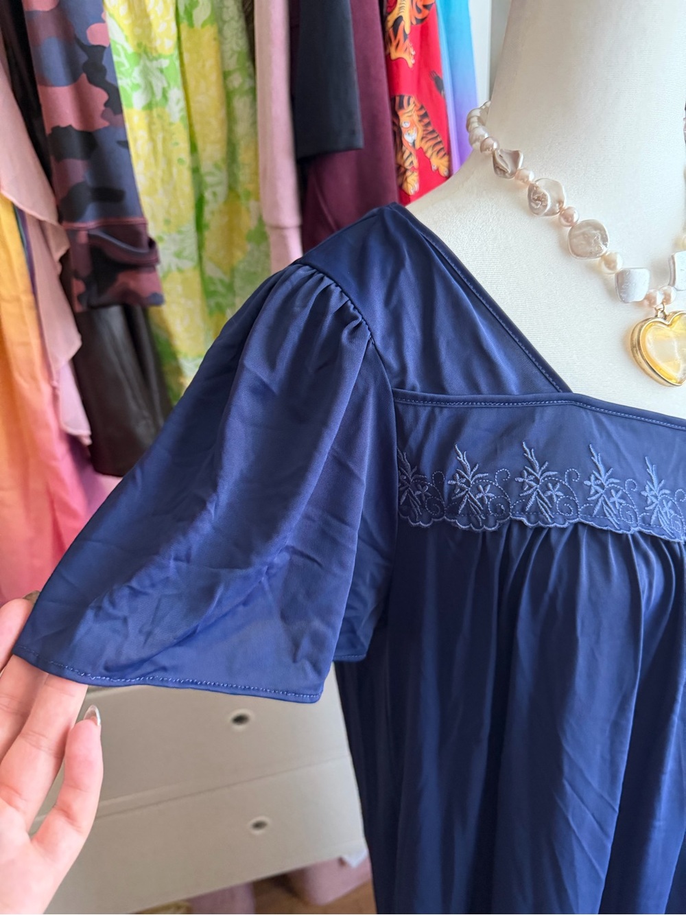 Essentials Navy Blue Women's Nightgown with Embroidered Yoke - Picture 2 of 4